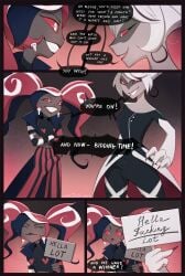 auction bidding biting_finger blindfold blindfolded blood bulge carmilla_carmine comic comic_page comic_panel crotch_bulge demon demon_girl english_text futa_bulge futanari grey_skin hazbin_hotel horns implied_futa owotodiuwu porn_comic red_eyes red_hair rivals slavery stage text theatre two-tone_hair velvette white_hair