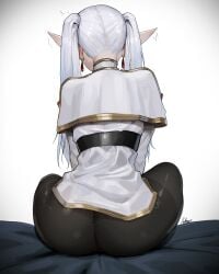 1girls absurdres aelion_draws ass black_pantyhose earrings elf facing_away female female_only frieren from_behind highres jewelry long_hair pantyhose pointy_ears shirt simple_background solo sousou_no_frieren twintails very_long_hair white_background white_shirt
