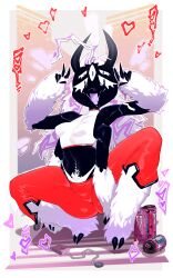 4_arms 6_eyes absurd_res beverage black_body black_skin bottomwear clothing crop_top crouching goatboydraws hair hi_res intersex kneeling long_hair looking_at_viewer multi_arm multi_eye multi_limb pants sharp_teeth shirt smile smiling_at_viewer solo teeth topwear white_hair