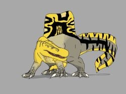 2026 4:3 claws dinosaur feral genitals gojifan747 grey_legs grey_tail head_markings hi_res looking_away male markings multicolored_body penis prehistoric_species raised_tail reptile sail_(anatomy) saurischian scalie solo spino_aurelion spinosaurid spinosaurus striped_markings striped_tail stripes tail tail_markings theropod yellow_body yellow_neck yellow_penis
