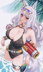 1girls absurdres animal_ears bare_shoulders beach belt black_one-piece_swimsuit blunt_bangs breasts casual_one-piece_swimsuit cleavage day eyewear_on_head female female_only gold_ship_(run_revolt_launcher)_(umamusume) gold_ship_(umamusume) grey_hair gun hair_ornament handgun highres holding holding_water_gun holster holstered horse_ears horse_girl horse_tail large_breasts long_hair looking_at_viewer official_alternate_costume one-piece_swimsuit outdoors purple-tinted_eyewear purple_eyes sarcophage smile solo sunglasses swimsuit tail thigh_holster thighs tinted_eyewear umamusume very_long_hair wading water water_gun weapon white_hair yellow-framed_eyewear