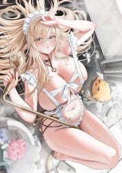 :o apron arm_up artist_request azur_lane bangs bare_legs bare_shoulders bathroom bathtub between_legs blonde_hair blush breasts bucket cleavage collarbone elf eyebrows_visible_through_hair faucet female frills gouden_leeuw_(an_intimate_cleaning)_(azur_lane) gouden_leeuw_(azur_lane) hair_between_eyes hair_spread_out heart holding huge_breasts large_breasts long_hair looking_at_viewer lying maid_headdress mole mole_on_breast mole_on_thigh mole_under_eye naked_apron navel on_back open_mouth original parted_lips pointy_ears purple_eyes rose shower_head sidelocks slippers soap soap_bubbles solo steam stomach sweat thighs tile_floor tiles wet white_apron
