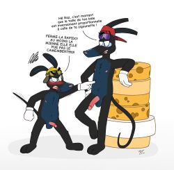 2026 angry anthro aviator_cap cheese clothing comparing comparing_penis dairy_products duo eyewear eyewear_on_head food french_text gloves goggles_on_headwear handwear hat headgear headwear hi_res male male/male mammal manchotchaud murid murine nude rapido_(les_ratz) rat ratz razmo resting_arm rodent size_difference sunglasses sunglasses_on_head teasing text