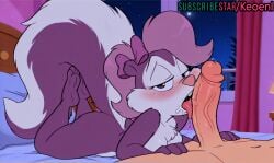 1boy 1girls accurate_art_style ai_generated anthro areola arm_tuft ass bed bedroom biped blowjob blue_eyes blue_sclera breasts cheek_tuft chest_tuft curling_tail curvy_figure elbow_tuft eyelashes eyeshadow facial_tuft fellatio female fifi_la_fume fluffy fluffy_tail fur furry hair hair_accessory hair_over hair_ribbon hairbow hand_on_hip hi_res human_on_anthro intersex interspecies keoenl legs_up licking licking_penis looney_tunes makeup mammal markings mephitid multicolored_body multicolored_fur nude nude_anthro nude_female on_stomach paws pink_nose purple_body purple_fur purple_hair ribbons sexy short_stack shortstack skunk smile solo striped_skunk stripes subscribestar tail thick_thighs tiny_toon_adventures tuft two_tone_fur voluptuous voluptuous_anthro voluptuous_female warner_brothers white_body white_fur wide_hips