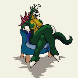 1:1 anthro ass breasts claws crossed_legs curvy_figure cybernetics gigan godzilla_(series) green_body gynomorph intersex looking_at_viewer machine maxvondraken sitting smile solo spikes tail toho visor wings yellow_chest