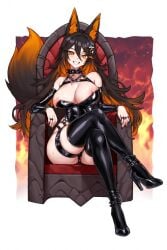 ai_generated animal_ear_fluff animal_ears bangs bare_shoulders black_hair black_leotard black_nails black_thighhighs bracelet breasts brown_hair cleavage crossed_legs detached_sleeves dominant female femdom fox_ears gradient_hair hellhound high_heels infinite_ai jewelry large_breasts latex leotard long_hair looking_at_viewer multicolored_hair necklace orange_hair ring simple_background sinder_(vtuber) sitting smile solo spiked_collar spikes sweat tail thick_thighs thigh_strap thighhighs thighs virtual_youtuber vtuber white_background wolf_girl yellow_eyes