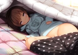 bed blacan brown_hair covers pajamas pants_down pink_eyes pussy shaved_pussy short_hair smile