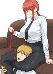 1boy absurdres black_pants blonde_hair braid braided_ponytail breasts chainsaw_man choke_hold collared_shirt commentary_request denji_(chainsaw_man) female femdom head_between_thighs highres holding holding_leash korean_commentary ksksksa large_breasts leash long_hair makima_(chainsaw_man) male necktie open_mouth pants red_hair ringed_eyes sharp_teeth shirt short_hair smile strangling teeth thick_thighs thighs yellow_eyes