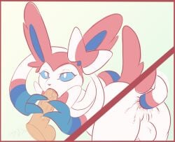 balls blue_eyes bodily_fluids eeveelution fellatio feral game_freak generation_6_pokemon genitals hi_res interspecies leaking male male/male nintendo oral p.v.su penile penis pokemon pokemon_(species) pokephilia sex solo sylveon white_body