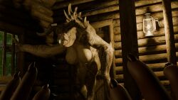 3d cabin claws deathclaw dominant dramatic_lighting fallout female first_person_view hi_res horn humanoid inside intimidating_female low-angle_view luke-cottontail male male/female microsoft monster_girl_(genre) pinup pose posed scales scalie shadow size_difference size_play standalone suggestive tail warm_lighting window