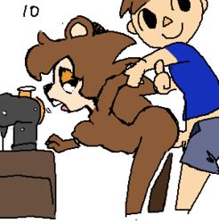 1boy 1girls animal_crossing animal_crossing_boy animated arm_grab ass black_eyes blush bouncing_breasts breasts brown_fur brown_hair clothed clothed_male_nude_female clothing colored doggy_style female from_behind furry hedgehog human interspecies looking_at_viewer male minus8 nintendo nipples nude open_mouth pants penetration penis pixel_art sable_able sewing_machine sex shirt straight table testicles thumbs_up tongue tongue_out vaginal vaginal_penetration villager_(animal_crossing) white_background