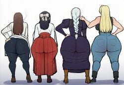 4girls ai_generated ass ass_chart ass_comparison big_ass blonde_hair blue_hair brown_hair clothing dress fully_clothed jeans jujutsu_kaisen leggings mei_mei_(jujutsu_kaisen) shoko_ieiri skirt take_your_pick tight_clothing utahime_iori white_background white_hair yuki_tsukumo