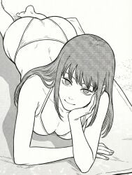 1girls ai_generated bikini chainsaw_man female female_only hai hair_down laying_on_stomach makima_(chainsaw_man) monochrome pinup solo swimsuit white_bikini