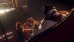 16:9 anthro bear bodily_fluids bottomwear clothing cum duo epic_games felid fortnite genital_fluids male male/male mammal musclegut muscular nude oscar_(fortnite) pantherine pants polar_patroller ryothehuskyy teasing tiger widescreen