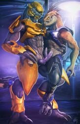 2_toes 3_fingers 3_toes 4_fingers alien animal_genitalia animal_penis anthro arm_quills armor bottomless bottomless_humanoid clothed clothing digitigrade drakaar duo erection feet fingers genitals halo_(series) hand_on_hip hi_res holding_another humanoid ibie'shan kig-yar knot male male/male microsoft penis quill_hair sangheili scalie sitting_on_leg standing t'loaki toes unusual_anatomy unusual_genitalia unusual_penis xbox_game_studios yellow_eyes