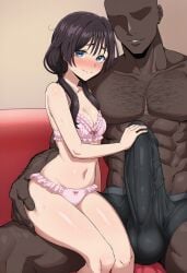 1boy abs ai_generated ass_grab black_hair blue_eyes blush bra breasts bulge cleavage closed_mouth cuckold dark-skinned_male dark_skin erection erection_under_clothes faceless faceless_male female frilled_bra frilled_panties frills huge_cock interracial kaoruko_waguri large_penis long_hair looking_at_viewer low_twintails medium_breasts muscular muscular_male navel netorare panties penis pink_bra pink_panties sitting sitting_on_lap sitting_on_person smile straight sweat twintails underwear underwear_only zeulzin