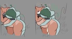 2026 anthro bent_over bodily_fluids brown_body brown_fur cum cum_inside digital_media_(artwork) duo english_text excessive_cum excessive_genital_fluids female fur gazaster genital_fluids green_hair gynomorph hair head_tuft hi_res hug hugging_another hugging_from_behind inflation intersex intersex/female intersex_penetrating mammal moan mouse murid murine nude onomatopoeia penetration rhys_(gazaster) rodent sex shortstack signature simple_background sound_effects standing standing_sex tail tail_coil text thick_thighs tuft