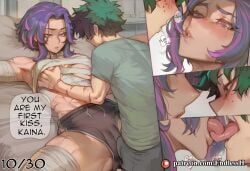 1boy after_kiss ai_generated bandage bandages black_shorts bodily_fluids boku_no_hero_academia breast_grab breasts bulge clothed clothing comic dialogue duo endlessh english_text female freckles french_kiss grabbing grabbing_another's_breast green_eyes green_hair hair hand_on_breast izuku_midoriya kaina_tsutsumi kissing lady_nagant lying male male/female milf multicolored_hair my_hero_academia on_back purple_eyes purple_hair saliva saliva_string saliva_trail scar shirt short_hair shorts speech_bubble straight tagme text tongue topwear two-tone_hair wraps