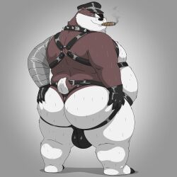 1:1 anthro ass badger badgerclops belly big_belly big_butt bobbellyboy bulge cartoon_network clothing crossdressing crossdressing_(mtf) crossdressing_male eye_patch eyewear gay gay_male grab_the_butt hat headgear headwear hi_res homosexual homosexual_male huge_butt jockstrap leather leather_clothing leather_daddy male male/male male_only mammal mao_mao:_heroes_of_pure_heart mustelid musteline smoking solo underwear