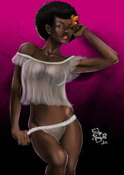 1girls 2010 afro big_breasts breasts dark-skinned_female dark_skin female nipples nipples_visible_through_clothing original panties roemesquita solo translucent_clothing