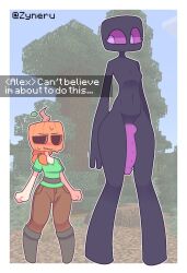 alex_(minecraft) black_skin brown_pants chat chat_log enderman futanari green_shirt huge_cock larger_futa light-skinned_female light_skin looking_at_another looking_down microsoft minecraft minecraft_mob mojang one_eye_half-closed orange_hair ponytail pumpkin pumpkin_head purple_dick purple_eyes size_difference small_breasts text zyneru