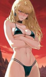 ai_generated arms_crossed blush cleavage crossed_arms embarrassed g-string looking_down magik_(illyana_rasputin) magik_(marvel_rivals) marvel marvel_comics marvel_rivals mini_bikini navel sideboob thong underboob