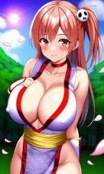 ai_generated big_sister cleavage cosplay dead_or_alive female forest honoka_(doa) huge_breasts kasumi_(doa) kasumi_(doa)_(cosplay) koei_tecmo long_hair nature no_bra no_panties no_underwear one_side_up onee-chan pink_hair pixai red_eyes revealing_clothes side_ponytail silf smile solo tagme tecmo