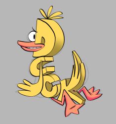 absurd_res anatid anseriform anthro anus avian bird duck duck_(wordworld) exposing_anus hi_res looking_at_viewer looking_back lying male nervous nervous_smile on_front pbs presenting shy solo srirachamander tail wordworld