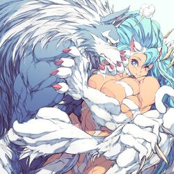 2018 5_fingers animal_humanoid anthro biceps big_breasts blue_eyes blue_hair breasts canine capcom cat_humanoid claws darkstalkers felicia_(darkstalkers) feline female fur gallon hair hi_res humanoid jin-jin jon_talbain kemono large_breasts long_hair male mammal muscular muscular_male naked nude penis video_games were werewolf white_hair wholesome wolf