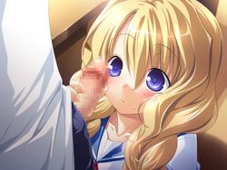 background beige_skin blonde_hair blush censored chu_x_chu_idol closed_mouth color eroge female game_cg human kneeling long_hair open_eyes purple_eyes solo_focus uesugi_uta