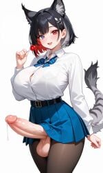 ai_generated bar black_hair blush censor censored closed_mouth colored_inner_hair completely_nude, ejaculation female fins from_side futanari gray_iris_eye headlock heterochromia jennifer_nyxwell large_breasts lynx_tail mole_under_eyebmulticolored_hair nude on penis red_eye red_hair sex_from_behind sexy sideboob smile standing tail testicle two-tone_hair