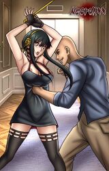 1boy 1boy1girl 1girls armpits assassin belly belly_punch big_breasts black_hair boobs_out breasts breasts_out damsel_in_distress female female/male female_dominated female_focus femsub forced_submission hitting human human_female injured large_boobs large_breasts male_dominating_female male_domination mature_female moaning nipples nipples_outside ryona saliva saliva_trail spy_x_family stiletto_(weapon) thick_thighs thighhighs thorn_princess vomit vomiting weapon yor_briar yor_forger