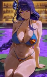 1female 1girl 1girls ai_assisted ai_generated bar_background bikini bikini_bottom bikini_top dc dc_comics genshin_impact hair hair_ornament pond pose purple_eyes purple_hair raiden_shogun sexy sexy_pose solo solo_female solo_focus superman_(cosplay) superman_(series) superman_logo