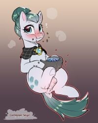2026 animal_genitalia animal_vulva anus artist_name black_capelet black_clothing black_eyebrows blue_eyes blue_gem blush blush_lines capelet chewing clothing cloudy_quartz_(mlp) cold-blooded-twilight cutie_mark dock_(anatomy) earth_pony eating equid equine equine_anus equine_genitalia equine_vulva eyebrows eyelashes female female_feral feral friendship_is_magic fur gem genitals geode glistening glistening_eyes gradient_background grey_background grey_hair grey_tail hair hair_bun hasbro hi_res hooves horse looking_aside mammal mouth_closed my_little_pony pink_inner_ear pony pupils question_mark semi-anthro simple_background solo tail text unguligrade vulva white_anus white_body white_ears white_fur white_hooves white_vulva