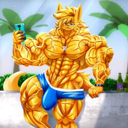 1:1 abs anthro big_bulge big_muscles blue_clothing blue_underwear bottle bracelet bulge canid canine clothed clothing container detailed_bulge dog_tags electronics fennec_fox fox fur gay gay_male genital_outline hi_res holding_object homosexual homosexual_male huge_bulge huge_muscles hyper hyper_muscles jewelry leaning_on_wall looking_at_viewer male male/male male_only male_penetrating mammal muscular muscular_male necklace outside palm_tree penis_outline phone plant shrub smile solo standing taiko-sihori tail thick_thighs topless tree true_fox underwear underwear_only vein veiny_arms veiny_muscles veiny_thighs yellow_body yellow_fur