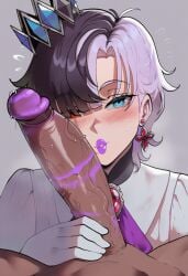ai_generated asexual black_hair crown e-sekai fellatio female heterochromia idol-en idol_corp kissing_penis lipstick lipstick_mark lipstick_on_penis lipstick_ring male multicolored_hair naticai panties_on_head rin_penrose tomboy virtual_youtuber vtuber white_hair
