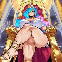 1girls 2d ai_generated beautiful big_breasts castle crossed_legs crown equestria_girls female female_focus female_only friendship_is_magic full_body goddess golden_heels hair_ornament half-closed_eyes heels hi_res hibiki120 huge_breasts human humanization humanized large_breasts light-skinned_female long_hair magenta_eyes mature_female mommy multicolored_hair my_little_pony my_little_pony_friendship_is_magic princess princess_celestia_(mlp) rainbow_hair sitting sitting_on_throne smile solo tall_female taller_female thicc thick_thighs throne white_dress wide_hips