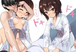 bed biting blush brown_eyes brown_hair clothed_female_nude_male ear_biting female fingering girls_und_panzer japanese_clothes kimono nishizumi_maho nksk sweat text translation_request