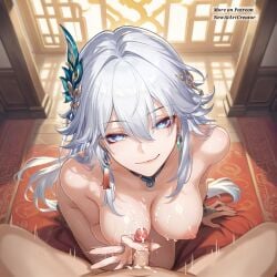 ai_generated breasts handjob honkai_(series) looking_at_viewer motion_lines newaiartcreator nude nude_female nude_male nudity patreon pov pov_eye_contact pov_hug pov_male small_penis small_penis_handjob small_penis_humiliation white_hair yao_guang_(honkai:_star_rail)