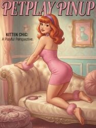 1girls 2d ai_generated ankle_cuffs collar daphne_blake leash looking_at_viewer minidress on_couch pet_collar petgirl pink_dress pinup pinup_pose posing scooby-doo strapless strapless_dress text wrist_cuffs