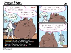 4:3 anthro ass belly belly_overhang big_belly big_butt blush bovid bovine brown_body brown_fur canid canine canis cattle chat_box chunkazoid comic domestic_dog double_chin duo english_text fat_arms fur greeting grey_body grey_fur hi_res huge_belly livestream male male/male mammal married_couple moobs morbidly_obese morbidly_obese_male multicolored_body multicolored_fur navel nude_male obese obese_male overweight overweight_male ring_(jewelry) size_difference tail text weight_difference white_body white_fur