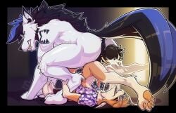 aloha_shirt anal anal_sex animal_genitalia anthro anus ass_up balls big_balls big_dom_small_sub black_anus black_hair black_tail bodily_fluids bottomless canid canine canis claws clothed clothing cum cum_in_ass cum_inside cum_on_self cum_while_penetrated digitigrade dominant duo fangs fox fur furgonomics furry-specific_piercing genital_fluids genital_piercing genitals gold_(metal) gold_tooth hair hi_res legs_back male male/male mammal nude_male pattern_clothing pattern_shirt pattern_topwear pawpads penetration penile penile_penetration penis_in_ass piercing ralek reverse_piledriver_position roone_(rvnatics) sex sheath sheath_piercing shirt shirt_only size_difference smaller_penetrated tail teeth topwear topwear_only turquoise_(ralek) white_body white_fur wolf