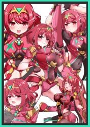 1boy 1girls absurdres aegis_sword_(xenoblade) big_breasts border breasts chest_jewel commentary_request earrings female green_border highres jewelry large_breasts multiple_views otama_(otama_ladle23) pyra pyra_(xenoblade) red_eyes red_hair red_shorts rex_(xenoblade) short_hair short_shorts shorts tiara white_background xenoblade_chronicles_(series) xenoblade_chronicles_2