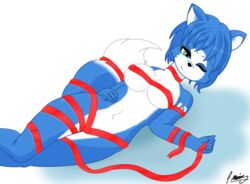 anthro blue_fur female female_only fox fur furry krystal lying_down nude pgm-m ribbon solo star_fox winking