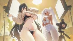 2girls alabama_(azur_lane) alabama_(through_your_lens_my_everything)_(azur_lane) apron azur_lane bangs bikini black_bikini black_bra black_flower black_hair black_panties breasts camera cleavage closed_mouth cowboy_shot crop_top dark-skinned_female dark_skin francesco_caracciolo_(azur_lane) francesco_caracciolo_(confession_under_the_spotlight)_(azur_lane) from_below hair_between_eyes hand_on_own_chest hand_up holding holding_camera indoors large_breasts light-skinned_female light_skin long_hair long_sleeves looking_at_viewer midriff multiple_girls navel official_art panties pants pantyhose red_eyes shirt skindentation smile standing stomach sweater sweater_lift swimsuit thighs twintails underboob underwear very_long_hair waist_apron white_apron white_hair white_shirt