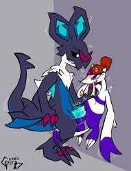 3_fingers 3_toes accessory alternate_color alternate_species anthro bat black_body black_scales black_sclera blue_body blue_penis blue_scales blue_underbelly bodily_fluids breath claws clothing digital_media_(artwork) dragon duo emanata eyeshadow feet female feral fingers flat_chested fur generation_5_pokemon generation_6_pokemon genital_fluids genitals gravel_pit_(artist) hat headgear headwear hi_res long_neck makeup male male/female mammal mane mienshao multicolored_body mustelid musteline mythological_creature mythological_scalie mythology nintendo noivern onomatopoeia penis pin_accessory pin_button pokemon pokemon_(species) purple_body purple_eyeshadow purple_fur red_claws red_clothing red_eyes red_hat red_headwear scales scalie semi-anthro sex signature size_difference sound_effects standing standing_sex sylvie_(wups) tail text thrust_lines thrusting toe_claws toes true_musteline vaginal_fluids vinyl_(gravel_pit) weasel whiskers white_body white_fur white_mane