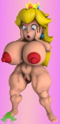 1girls 3d 3d_(artwork) bad_anatomy big_ass big_breasts blonde_female blonde_hair blonnde_hair busty crown female female_only front_view full_body hyper_nipples kabalmystic_(style) kennyb0mber_(artist) long_hair low_poly mario_(series) nintendo princess_peach red_nipples shortstack solo surprised_expression yellow_hair