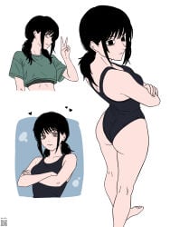 arms_crossed ass ass_focus big_ass bikini black-eyed_female black-haired_female black_bikini black_eyes black_hair black_one-piece_swimsuit black_swimsuit black_swimwear blank_expression blank_eyes blank_stare bored bored_expression breasts brown_eyes chainsaw_man crossed_arms cute emotionless female female_focus female_only head_tilt heart hourglass_figure looking_at_viewer looking_back mitaka_asa nbart19047 neutral_expression one-piece_swimsuit pale-skinned_female pale_skin peace_sign shounen_jump slim_waist swimsuit swimwear thick_thighs tight_clothing tilted_head twintails v_sign white_background