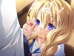 background beige_skin blonde_hair bukkake chu_x_chu_idol color cum cum_on_face eroge female game_cg human kneeling long_hair open_eyes open_mouth purple_eyes solo_focus uesugi_uta