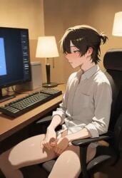 (realistic (small 18 1boy, 2024,newest,highres,absurdres acne acne:1.2), alone at awa,masterpiece,best bedroom blush, chair, computer, desk desk, droplet, expression, eyes, face, flaccid focused front gaze, hairstyle, hand in indoors, intense keyboard, lamp, large lighting, lips, masturbating, monitor nose, of office old, on parted penis, penis:1.1), quality,year room screen, short sitting slight small sweat very years
